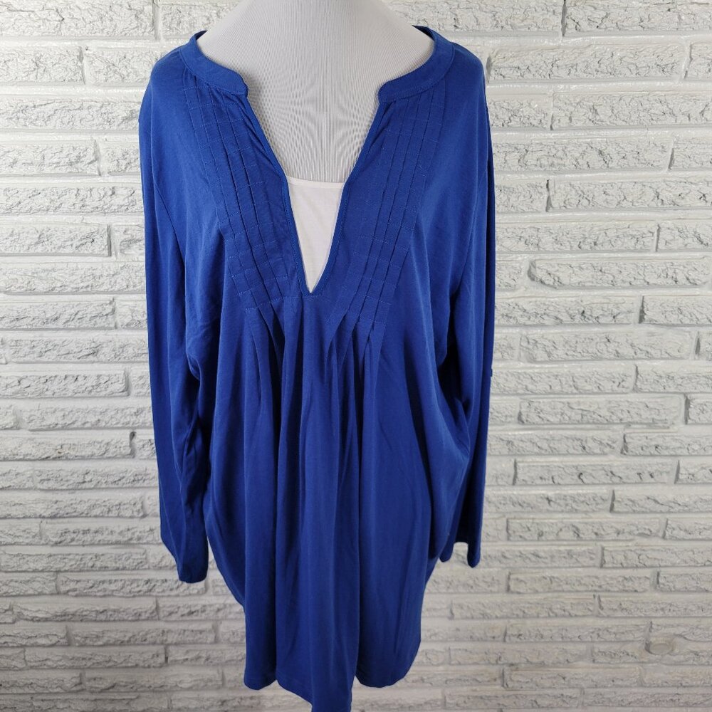 Woman Within Tunic 2X Plus Blue Pintuck Blouse Roll Tab Long Sleeve BLU142E